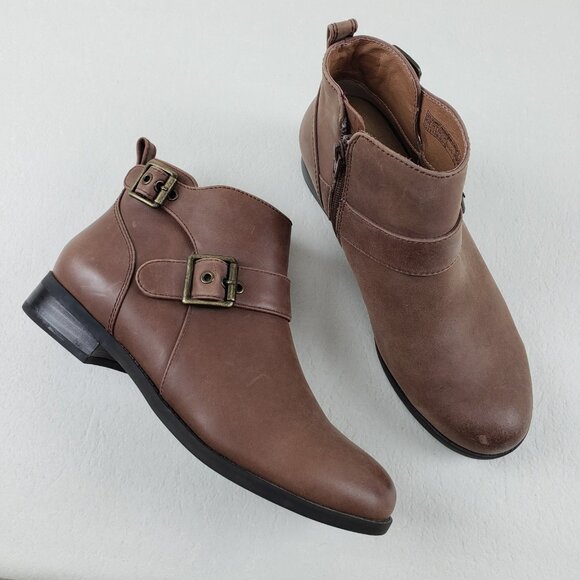 Vionic Logan Ankle Boot Womens 7.5 Brown Leather Side Zip Buckle Comfort Bootie - Picture 1 of 10